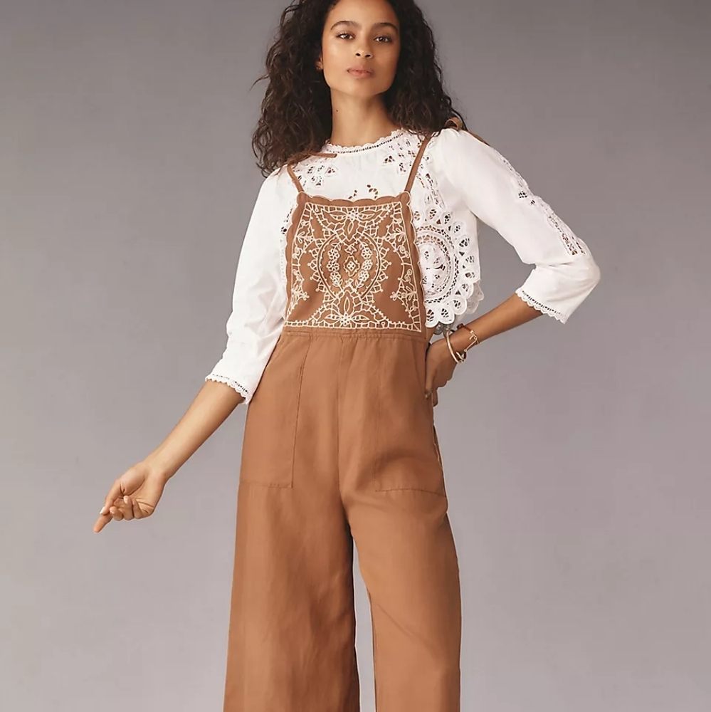 NWT Anthropologie Embroidered Linen Overalls
